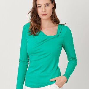 Mystree Bright Green Asymmetrical Foldover Neck Long Sleeve Stretch Top